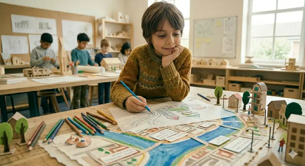 Bir çocuk şehir tasarımını çiziyor